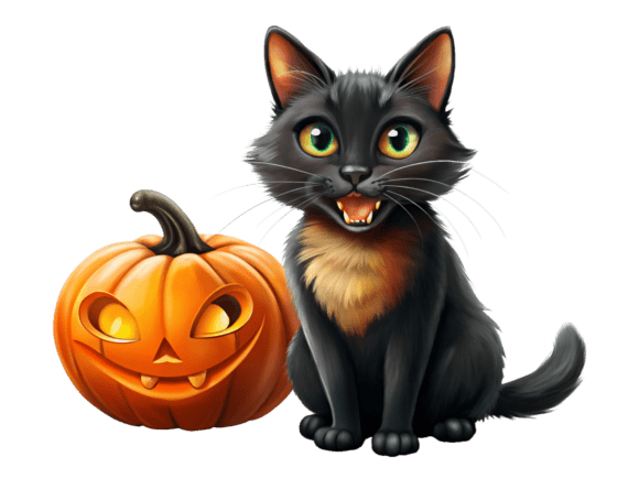 3D Black Cat in Halloween Pumpkin PNG