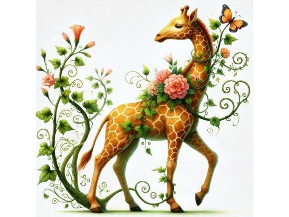 Transform Your Designs with a 3D Giraffe with Vines and Flowers Wrap