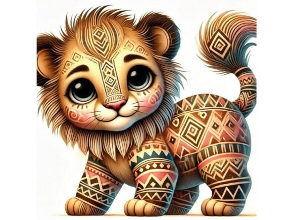 Unleash Creativity with a 3D Lion Cub Featuring Soft Tribal Patterns